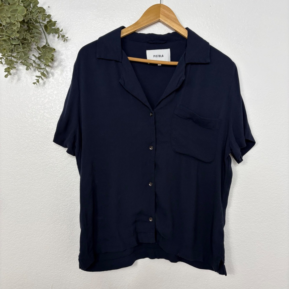 PISTOLA Navy Blue Button Down Short Sleeve Pocket Shirt Top Size L